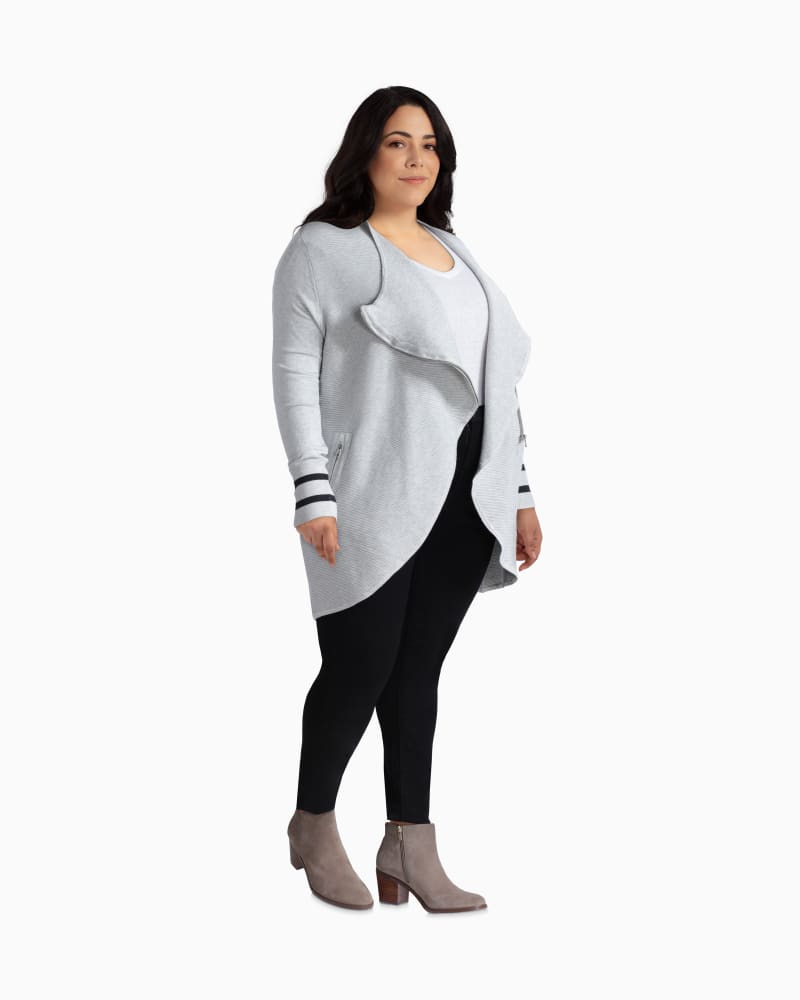Plus size model with rectangle body shape wearing Daisy Asymmetrical Zip Cardigan by Dex Plus | Dia&Co | dia_product_style_image_id:112557